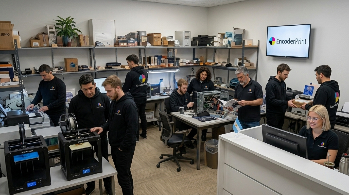 Técnicos especializados de EncoderPrint reparando equipos
